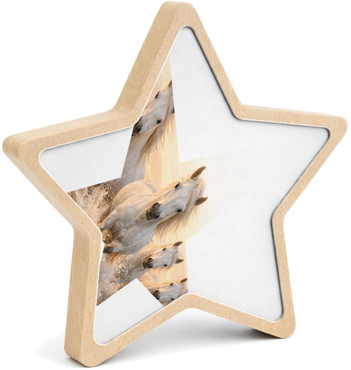 Mr Cadeautjes MDF fotolijst ster 14 x 13,5 - design Een dynamische natuurscène met een enkele centrale hoofdfigu | cadeau Wit
