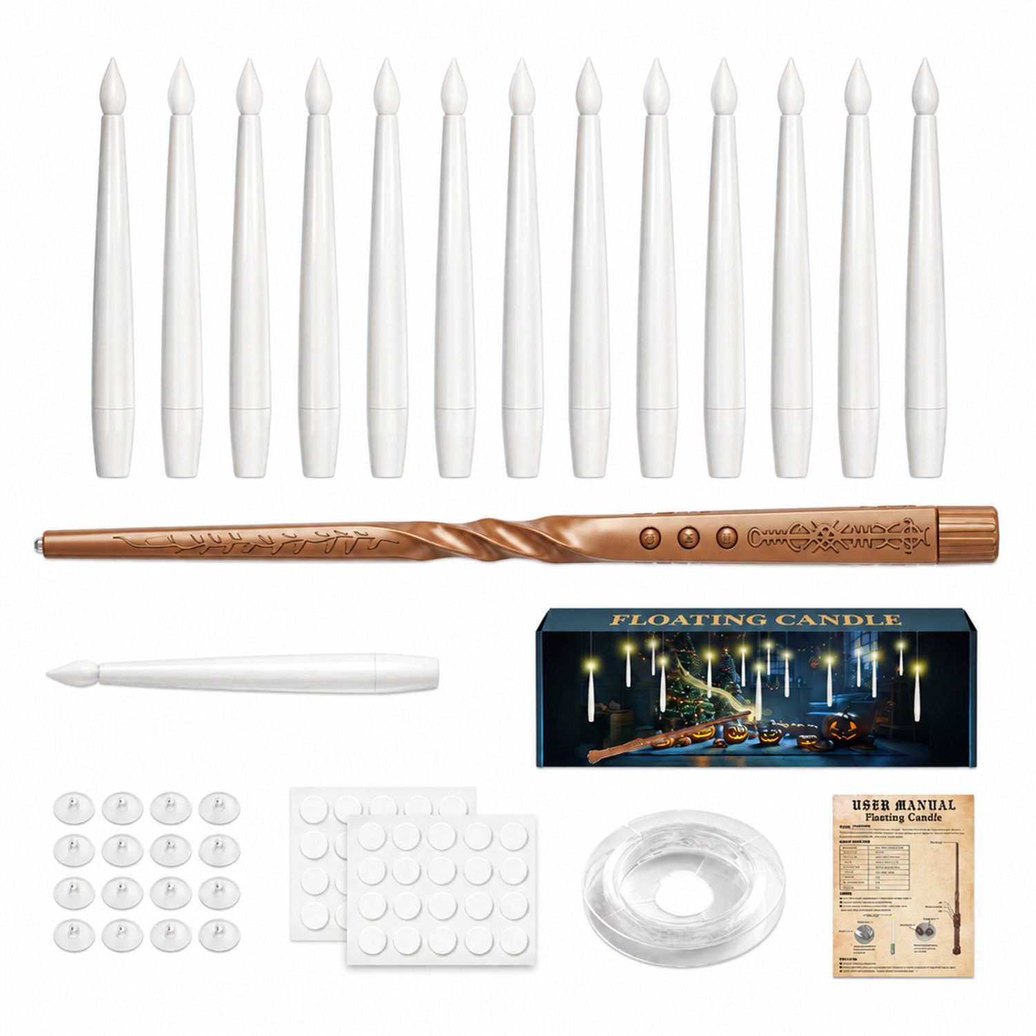 SWGOTA led kaarsen, set van 12 zwevende kaarslampen met vlamvormige top en toverstaf met runen van 30 cm, voor kerst en feesten, inclusief ophangaccessoires Wit