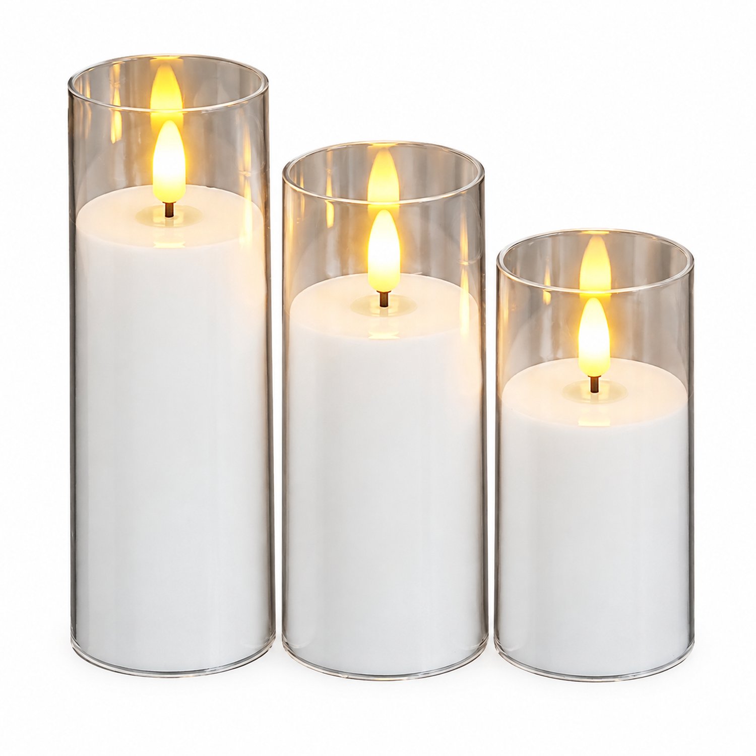 SWGOTA led kaarsen, set van 3, wit, verschillende hoogtes, transparante cilindrische kap en vlamvormige lichtpunt, voor feestdecoratie