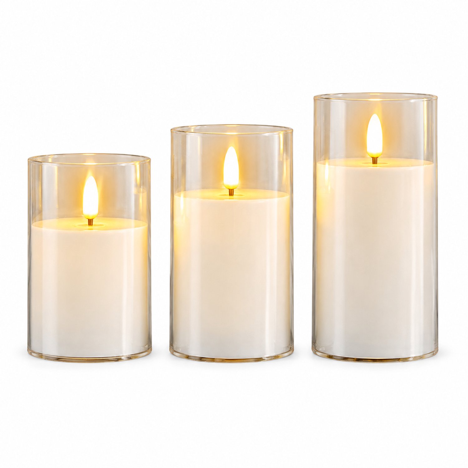 SWGOTA led kaarsen, set van 3, wit, 7,5 × 10/12,5/15 cm, met vlakke rand, transparante buitenzijde en vlamvormig licht