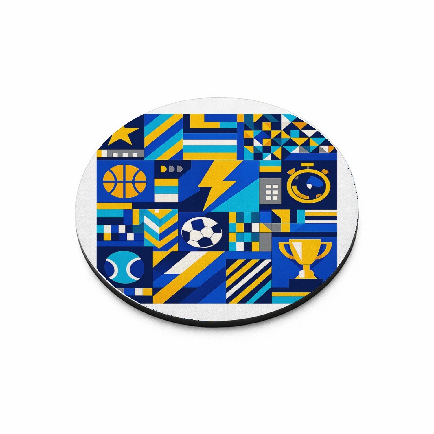 Mr Cadeautjes MDF magnetische fotolijst rond Ø 9,5 - design Een sportieve patchworkprint met kleine iconische vormen zoa | cadeau Wit