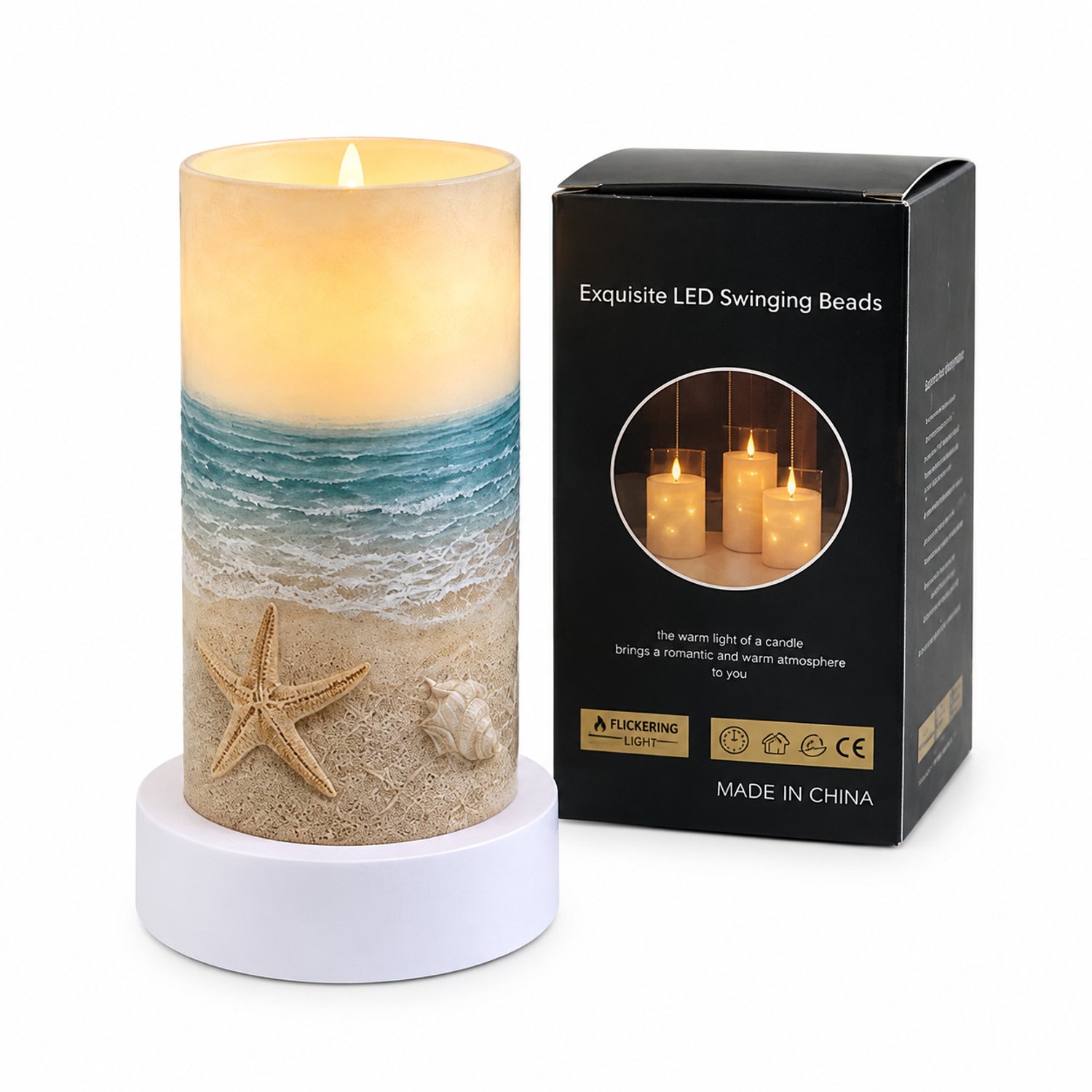 SWGOTA led kaarsen - 1 stuk met bewegende vlam en strandmotief, 7,5 x 15 cm, warm licht, in doos, zonder batterijen Beige