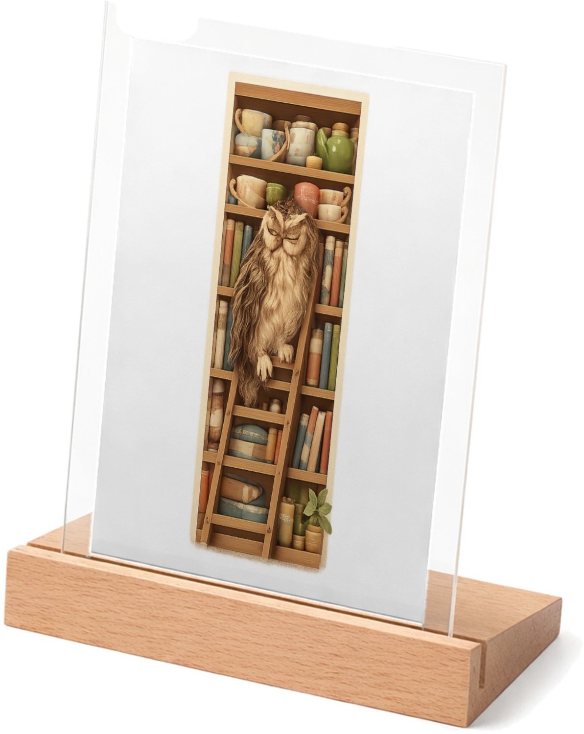 Mr Cadeautjes Glasframe met vaste tekst - design Een slaperige uil op een ladder naast een hoge plank met the | cadeau Wit