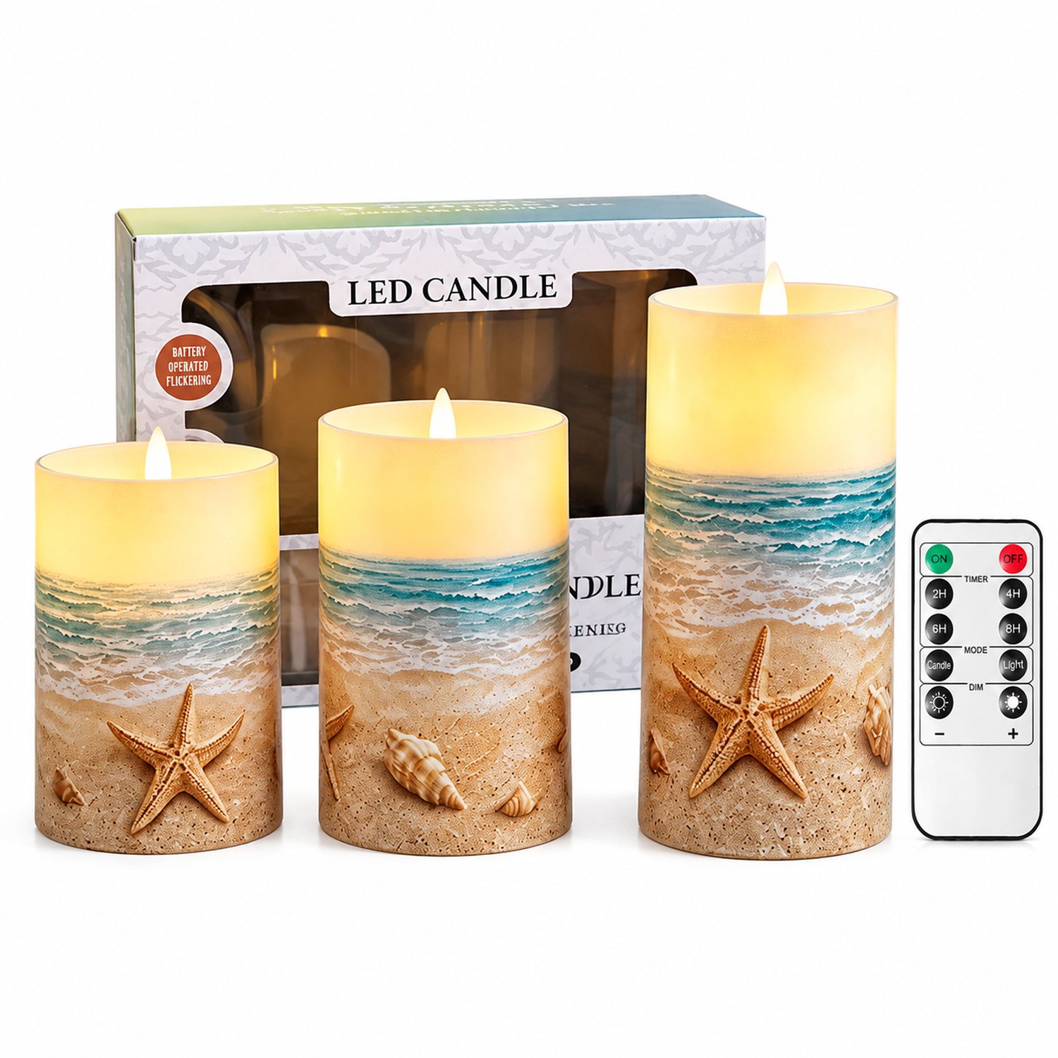SWGOTA led kaarsen - set van 3 met bewegende vlam, warm licht, strandprint en afstandsbediening, in bedrukte doos Beige