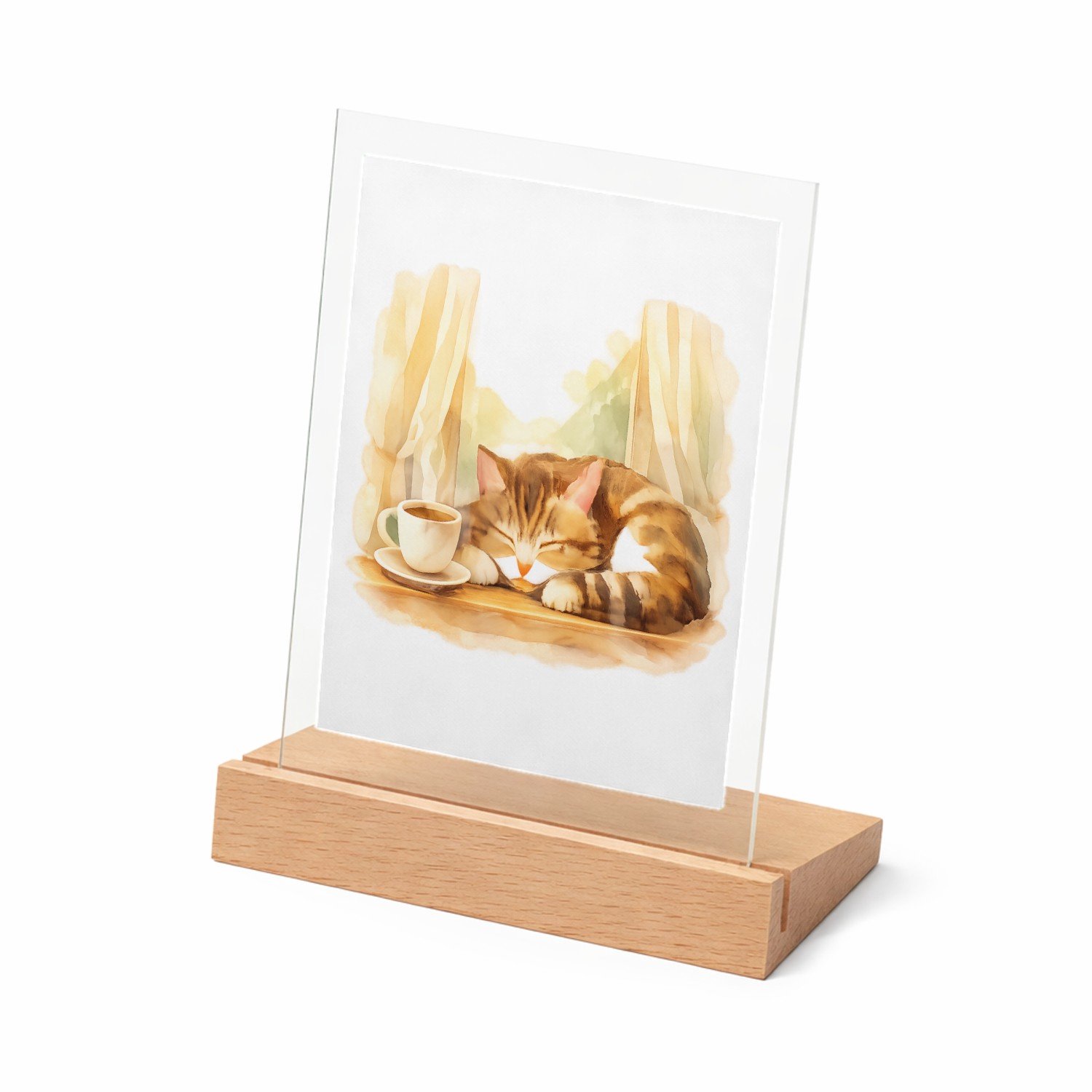 Mr Cadeautjes Glasframe met vaste tekst - design Een slapende kat op een vensterbank met een kopje thee en za | cadeau Wit