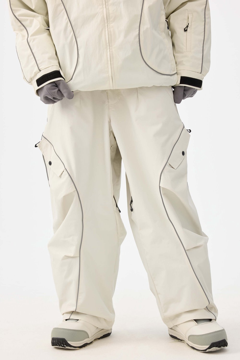 GSOU SNOW Retro baggy ski- en snowboardbroek met reflecterende biezen 20K waterdicht Gebroken Creme