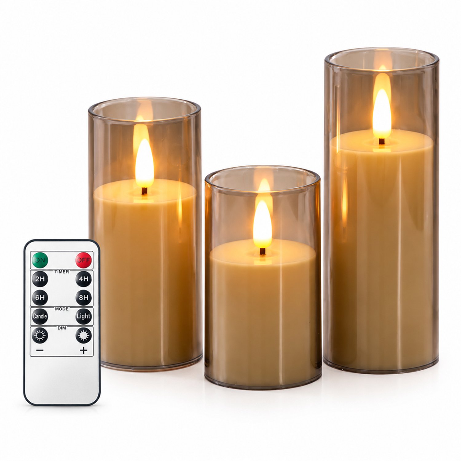 SWGOTA led kaarsen, set van 3 met afstandsbediening - grijs, diameter 5,5 cm, hoogtes 10/12,5/15 cm, vlakke rand, voor bruiloften en feestdecoratie
