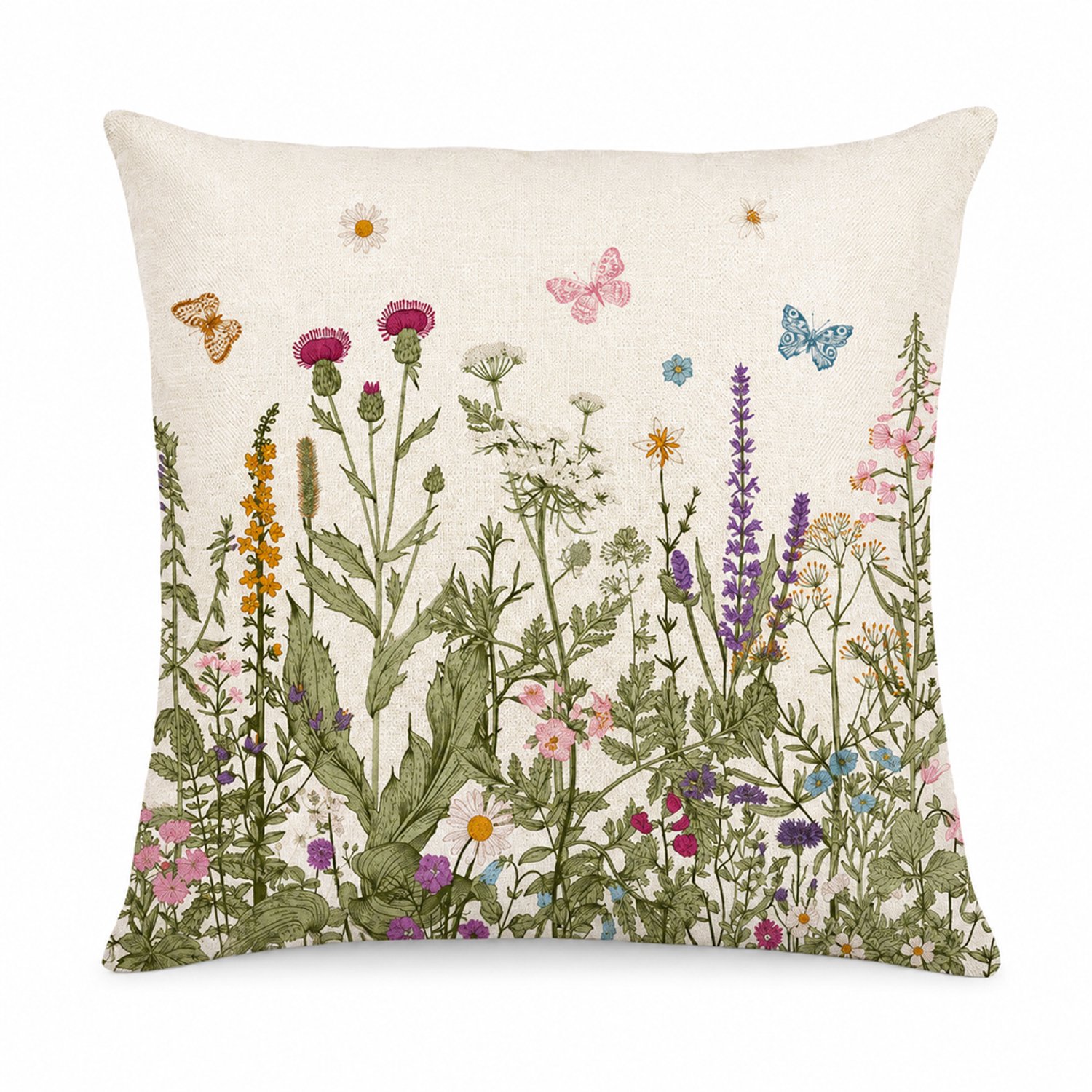 SWGOTA Kussenhoes met bloemen- en vlinderprint, 45 x 45 cm, polyester, vierkant voor de bank, zonder binnenkussen Beige