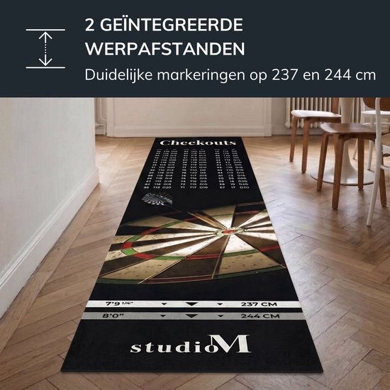 Studio M Dartmat - Zwart - Extra lang en breed - 80 x 285 cm - Inclusief Uitwerpschema - Officiële Afmetingen - Antislip - Dartmat voor onder Dartbord - Cadeautip van Studio M — afbeelding 5