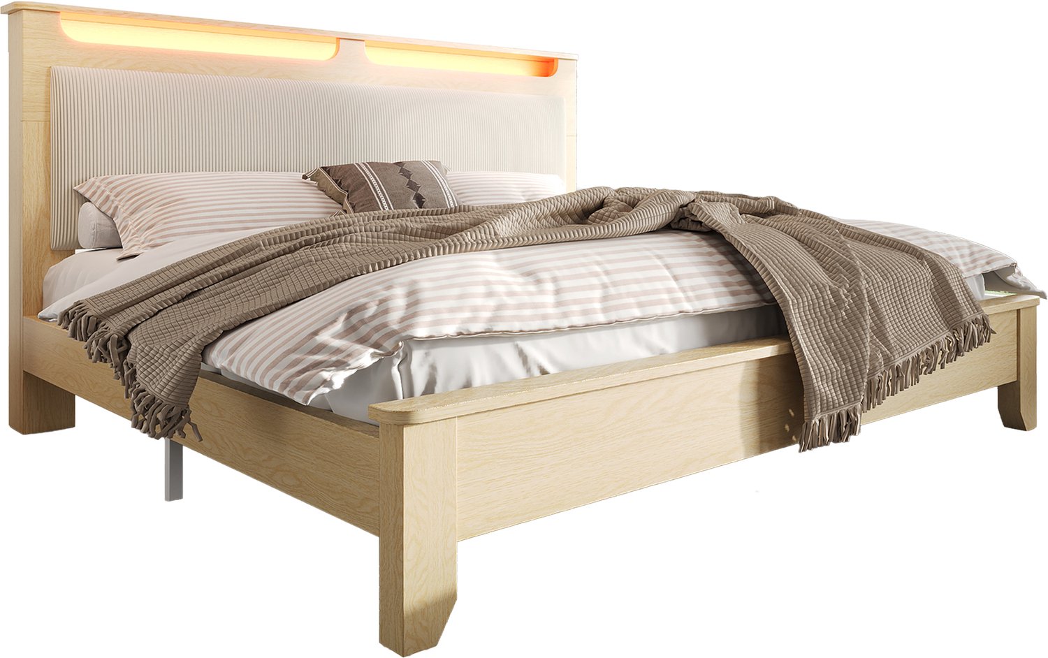 MUVANO Tweepersoonsbed 160x200 - Bedframe met opberghoofdbord en ledverlichting - MDF en ribstof - Houten lattenbodem - Slaapkamer lichte eikenkleur en beige