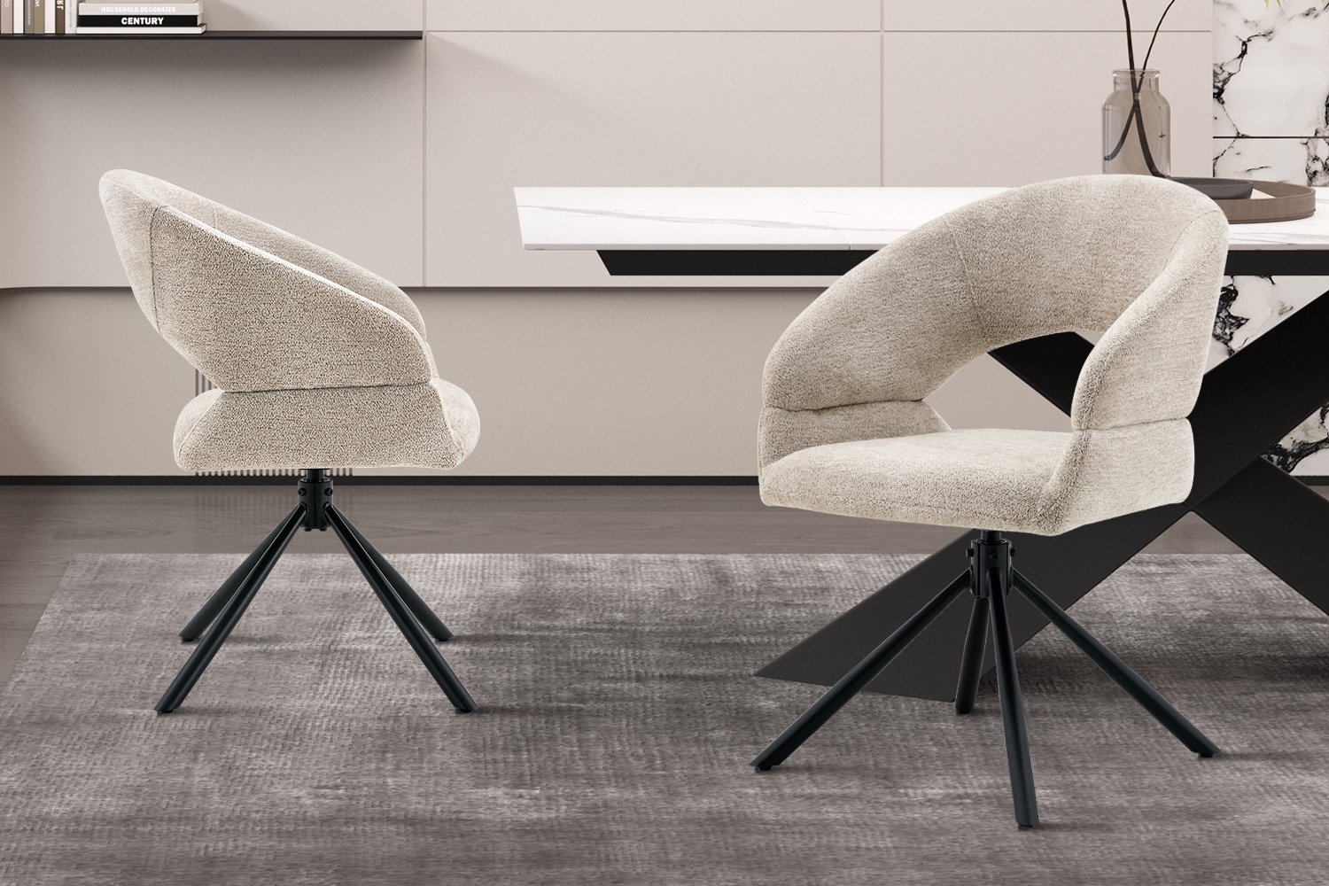 Rousseau Amber Draaibare Eetkamerstoel - Beige - Stoffen Bekleding - Zwart Metalen Onderstel - Per Stuk