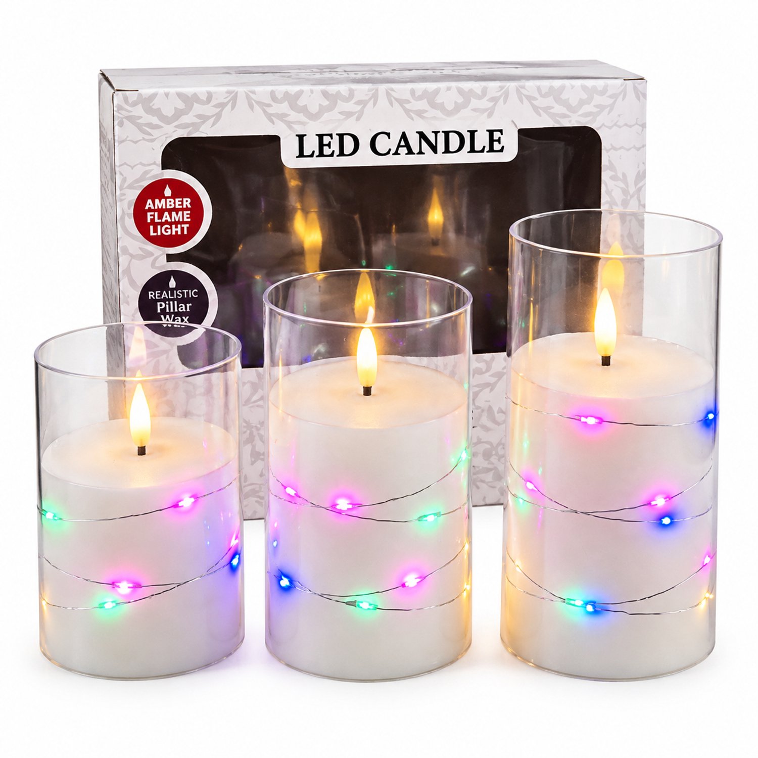 SWGOTA led kaarsen, set van 3 met gekleurde lichtsnoeren en warm vlameffect, transparante omhulsels, voor binnendecoratie, in vensterdoos, zonder batterijen Theebruin