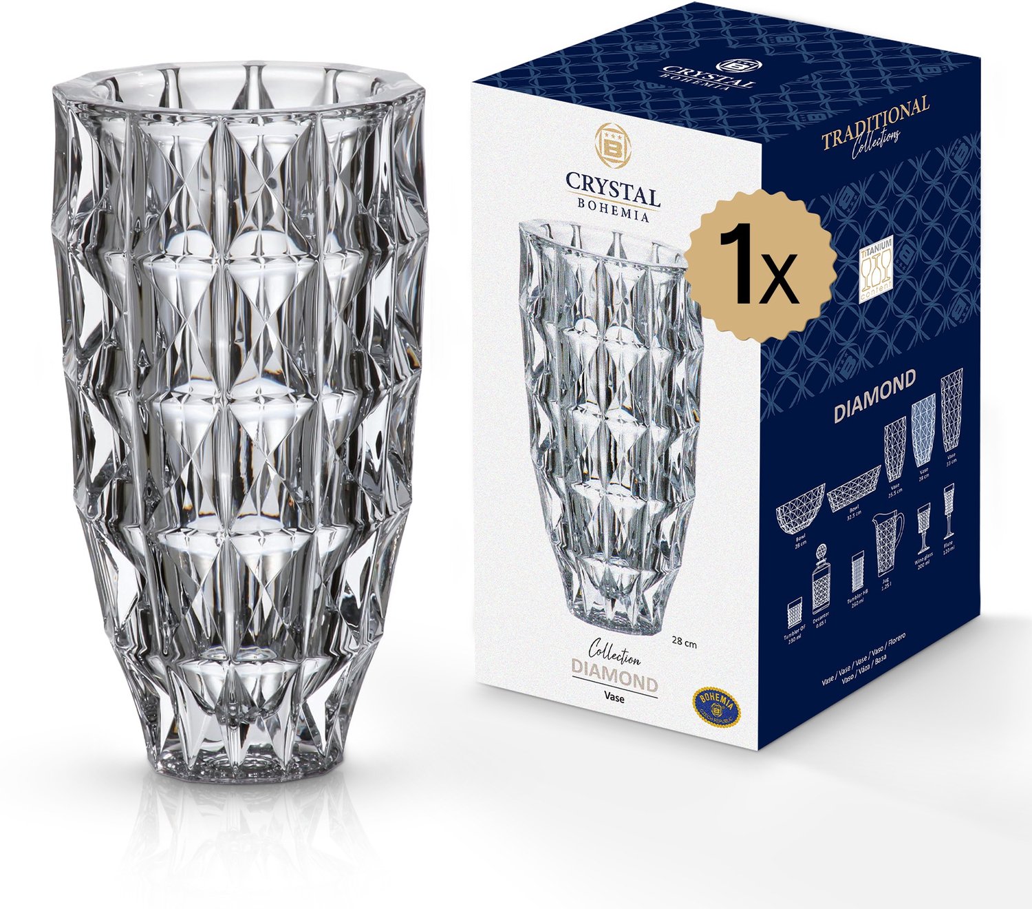 Crystalite Bohemia diamond vaas 28 cm LAATSTE STUK !! doorschijnend