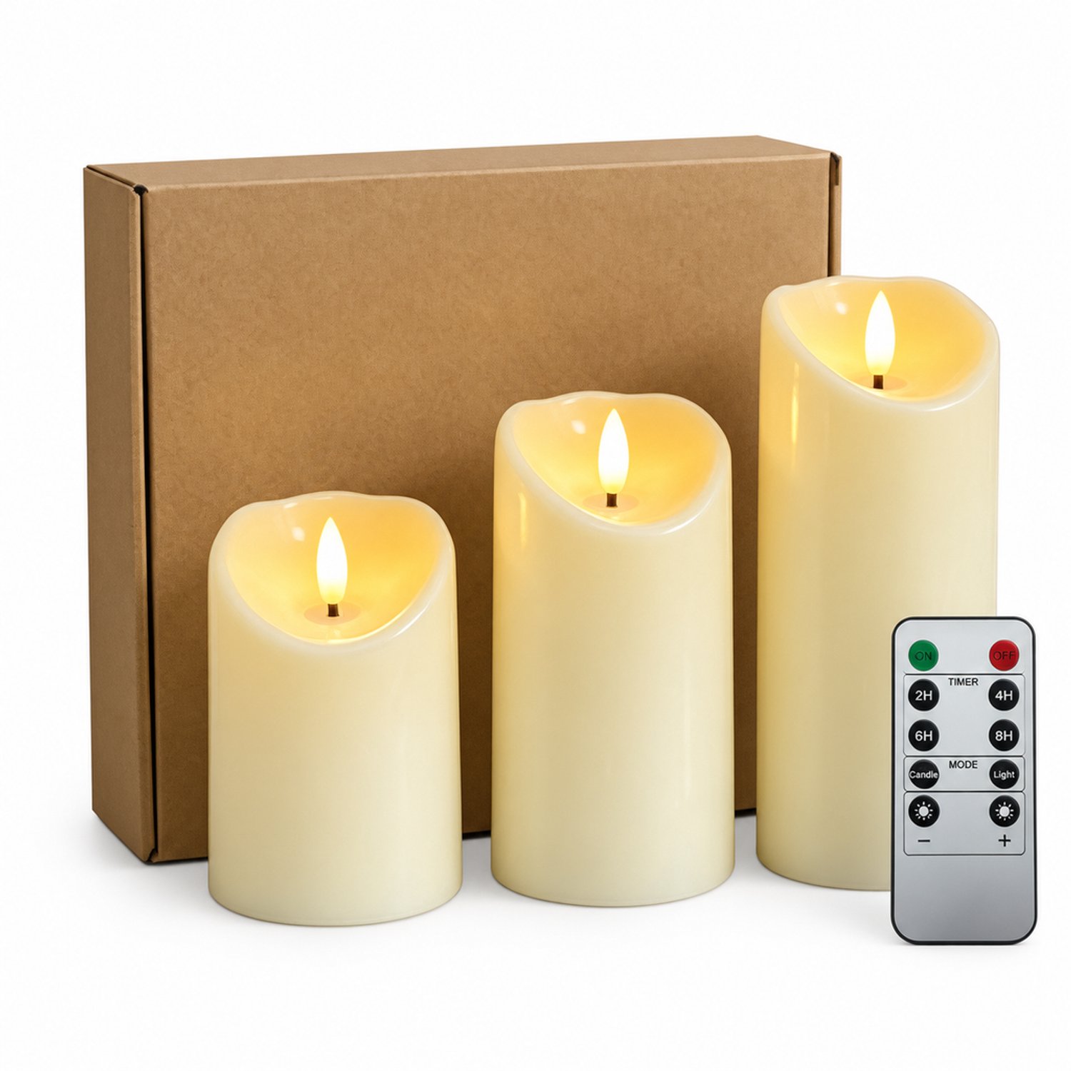 SWGOTA led kaarsen, set van 3 met schuine bovenrand en nagebootste vlam, warm licht, met afstandsbediening, in kartonnen doos, zonder batterijen Bruin