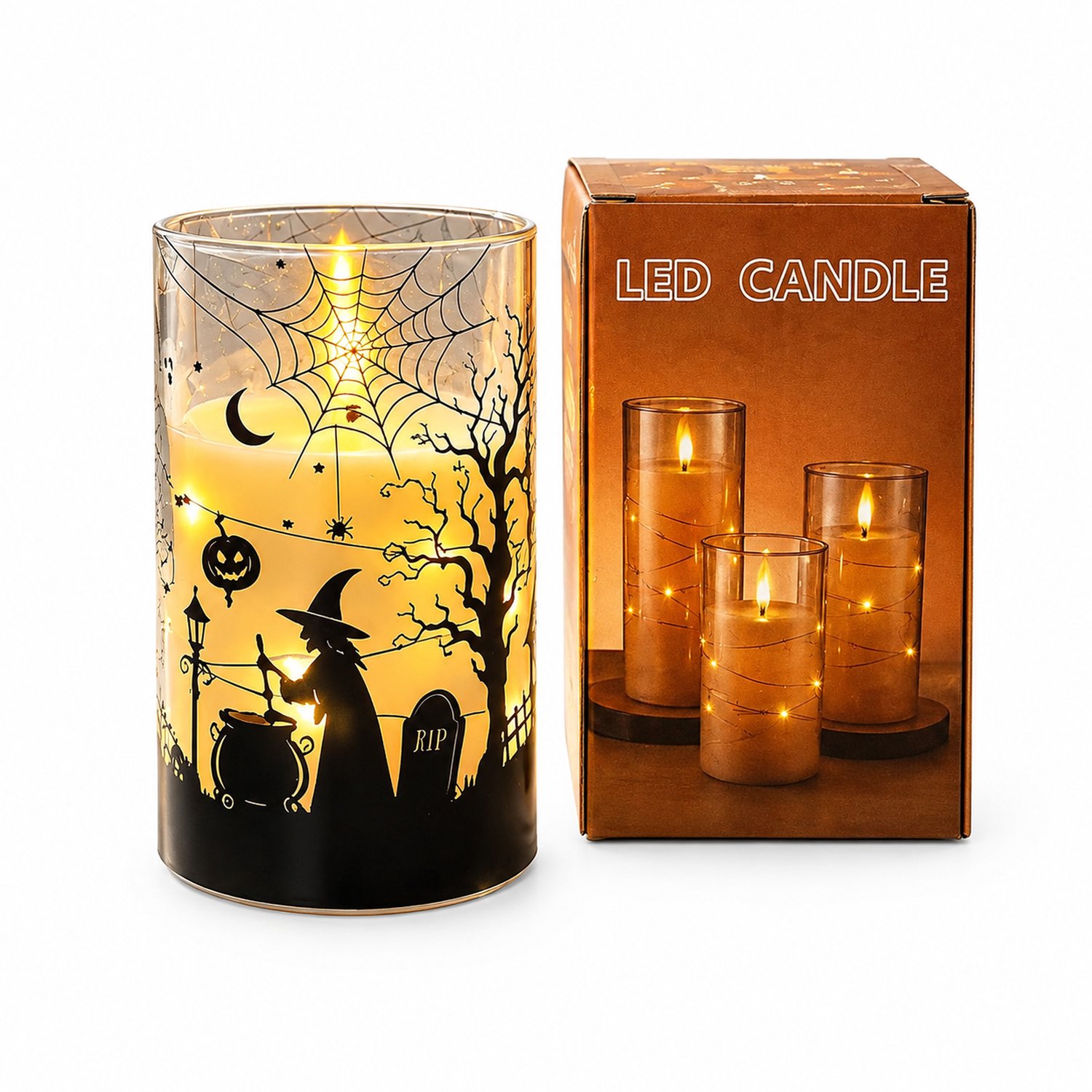 SWGOTA led kaarsen voor Halloween - 1 stuk, 7,5 × 15 cm, warm licht met lichtsnoer en vlameffect, in doos, zonder batterijen Theebruin