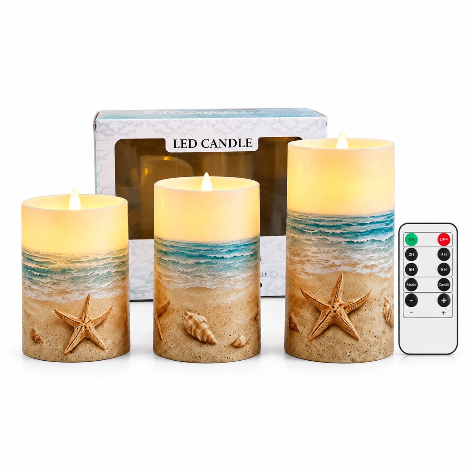 SWGOTA led kaarsen set van 3 met zeester- en schelpdecoratie, puntvormige vlam, warm licht, afstandsbediening en batterijvoeding, in vensterdoos Beige