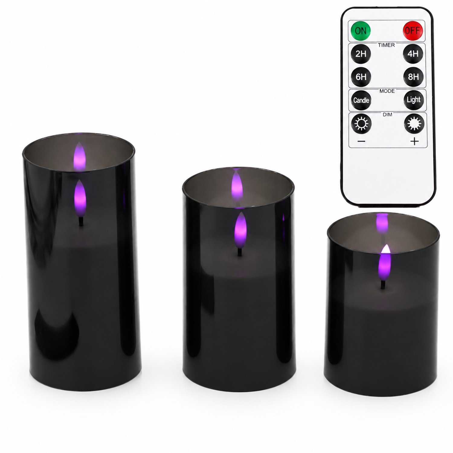 SWGOTA Led kaarsen met bewegende vlam set van 3 zwarte kaarsen met paars licht en kleine afstandsbediening met een knoopcelbatterij