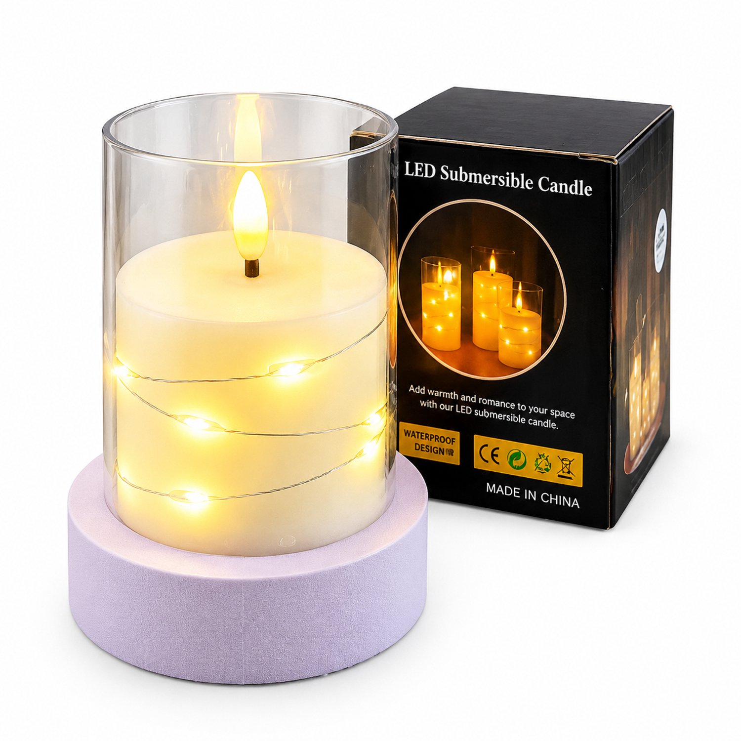 SWGOTA led kaarsen - decoratieve kaarslamp met lichtsnoer en vlakke rand, 7,5 x 10 cm, voor 3 AAA-batterijen, batterijen niet inbegrepen Crème