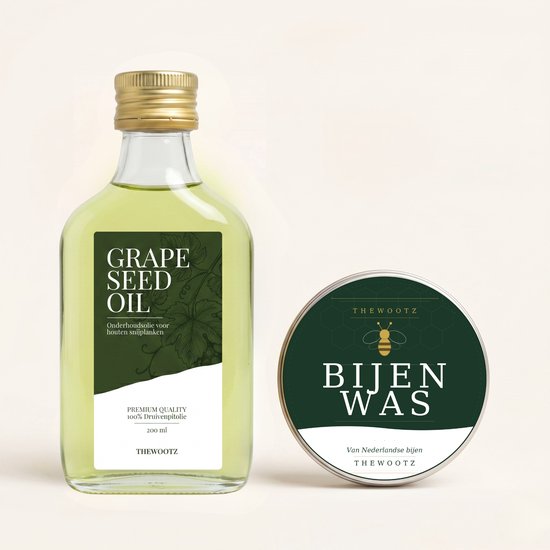 Fles druivenpitolie en blikje bijenwas van Thewootz voor houten snijplanken.