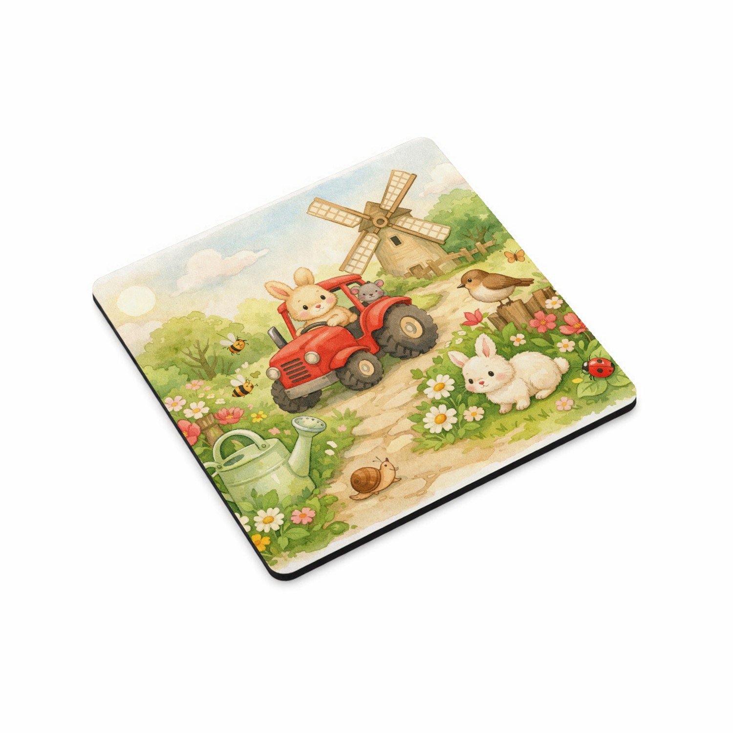 Mr Cadeautjes MDF magnetische fotolijst vierkant 9,5 - design Een vrolijke tuinscène met een gieter, bijen, bloemen en kle | cadeau Wit