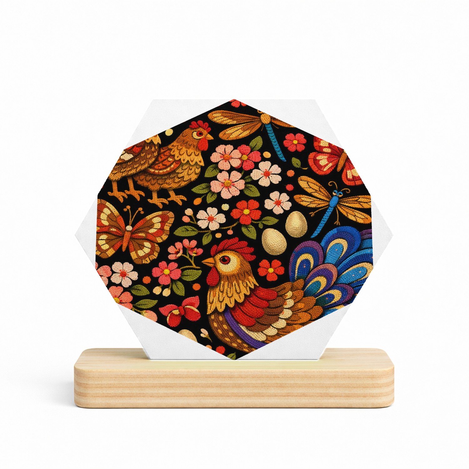 Mr Cadeautjes MDF fotolijst/inleg hexagon 14 x 13 - design Een tuinpatroon met vlinders, libellen en bloemen in een han | cadeau Wit