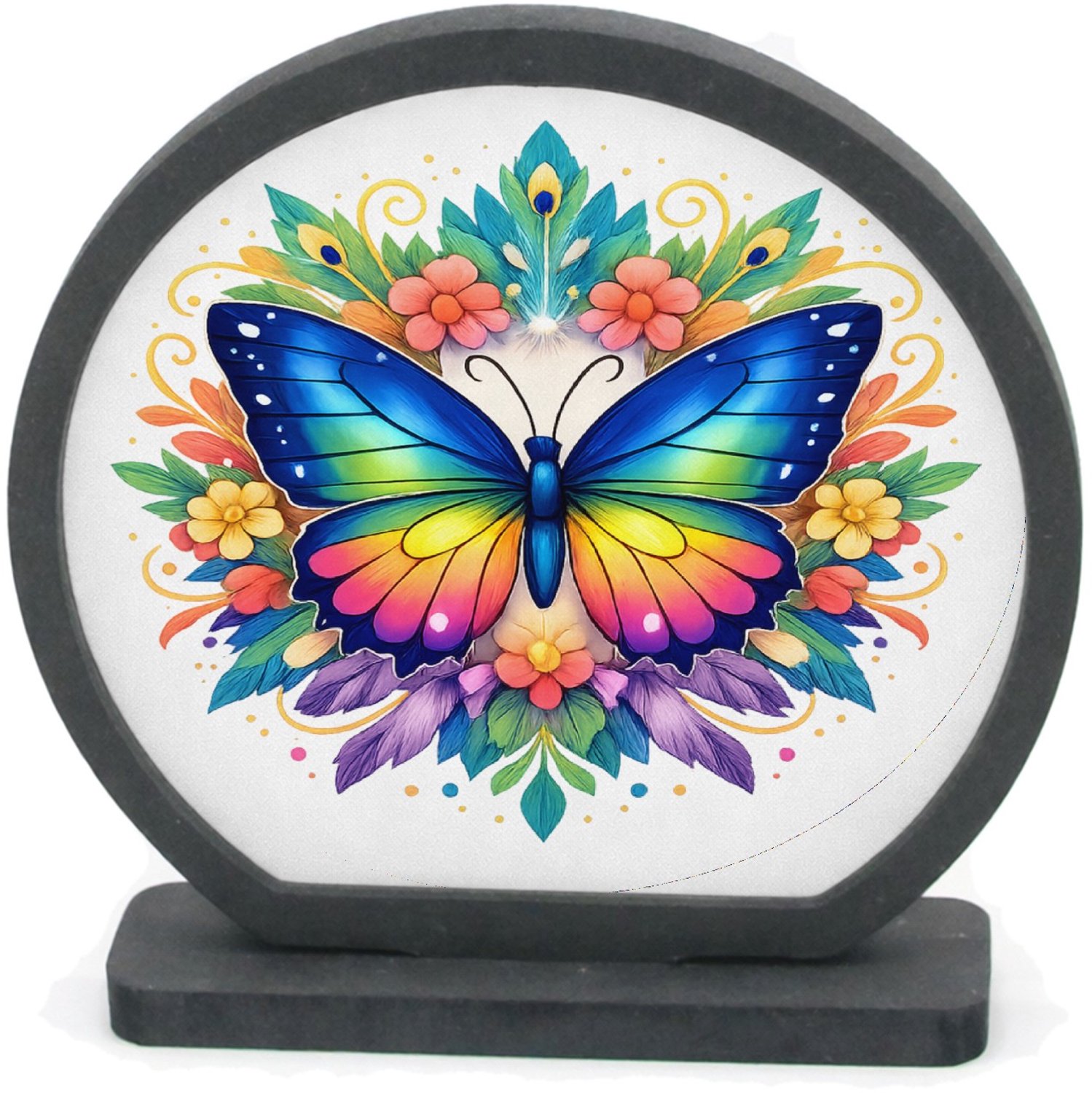 Mr Cadeautjes Houten fotolijst rond met MDF inleg - design Een trotse vlinder in een cirkel van grote, decoratieve vleu | cadeau Wit