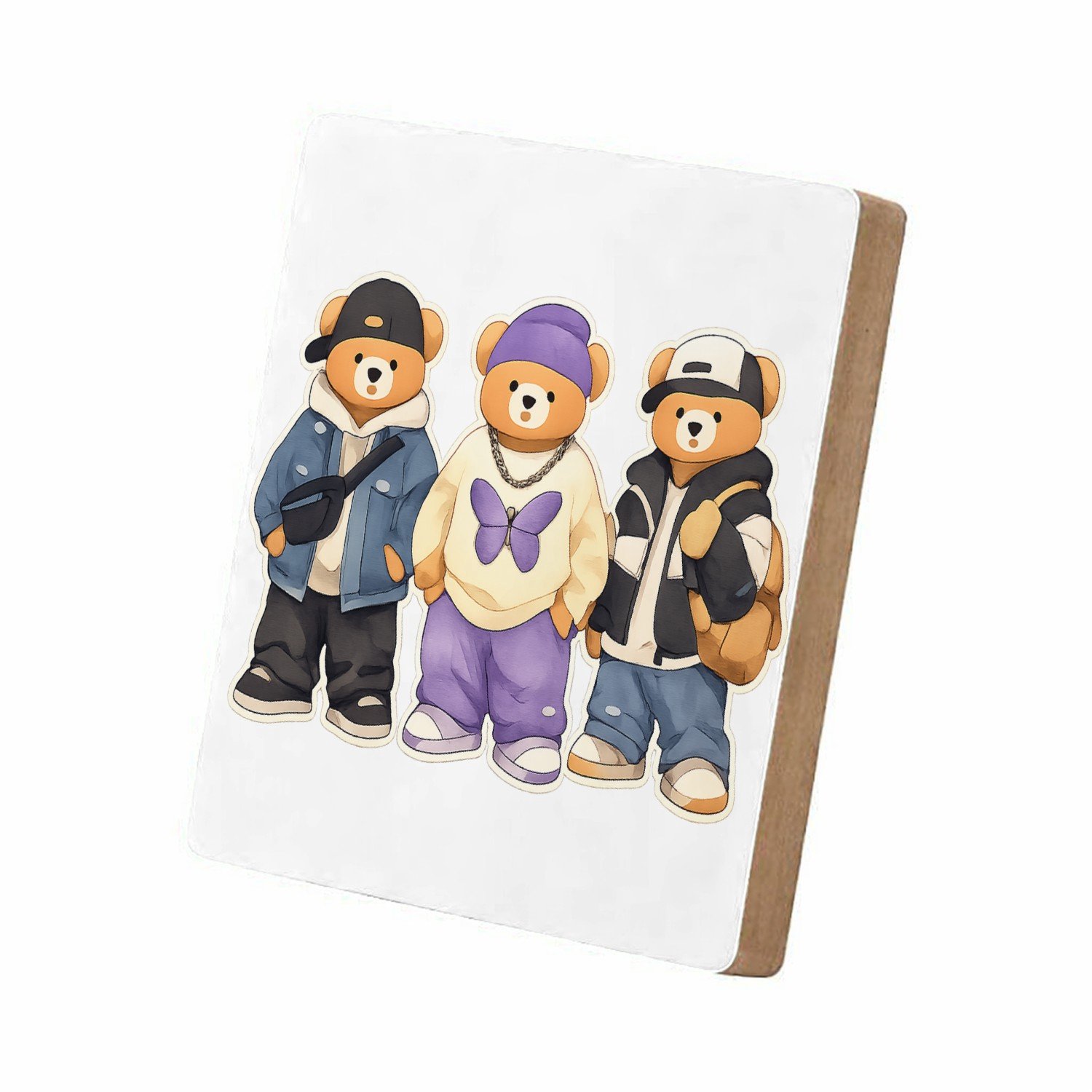 Mr Cadeautjes MDF staande fotolijst 15,2 x 15,2 - design Een trio van konijnen als hippe stadsfiguren met jassen, pet | cadeau Wit