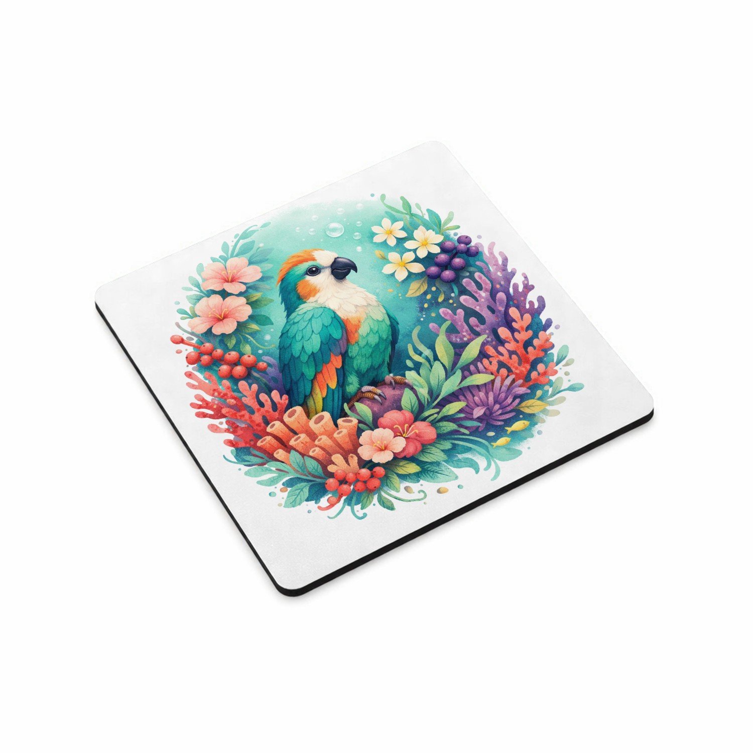 Mr Cadeautjes MDF magnetische fotolijst vierkant 9,5 - design Een tropische vogel in een weelderige bloemenzee met bladere | cadeau Wit