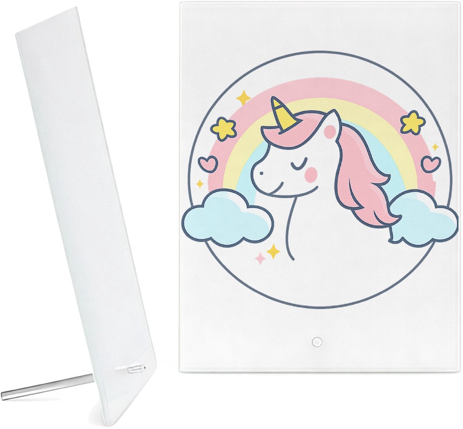 Mr Cadeautjes Glazen fotopaneel Pastel jungleklok met een vriendelijke giraffe als middelpun - 15 x 20 cm, staand - glas, decoratie, wanddecoratie | cadeau Wit