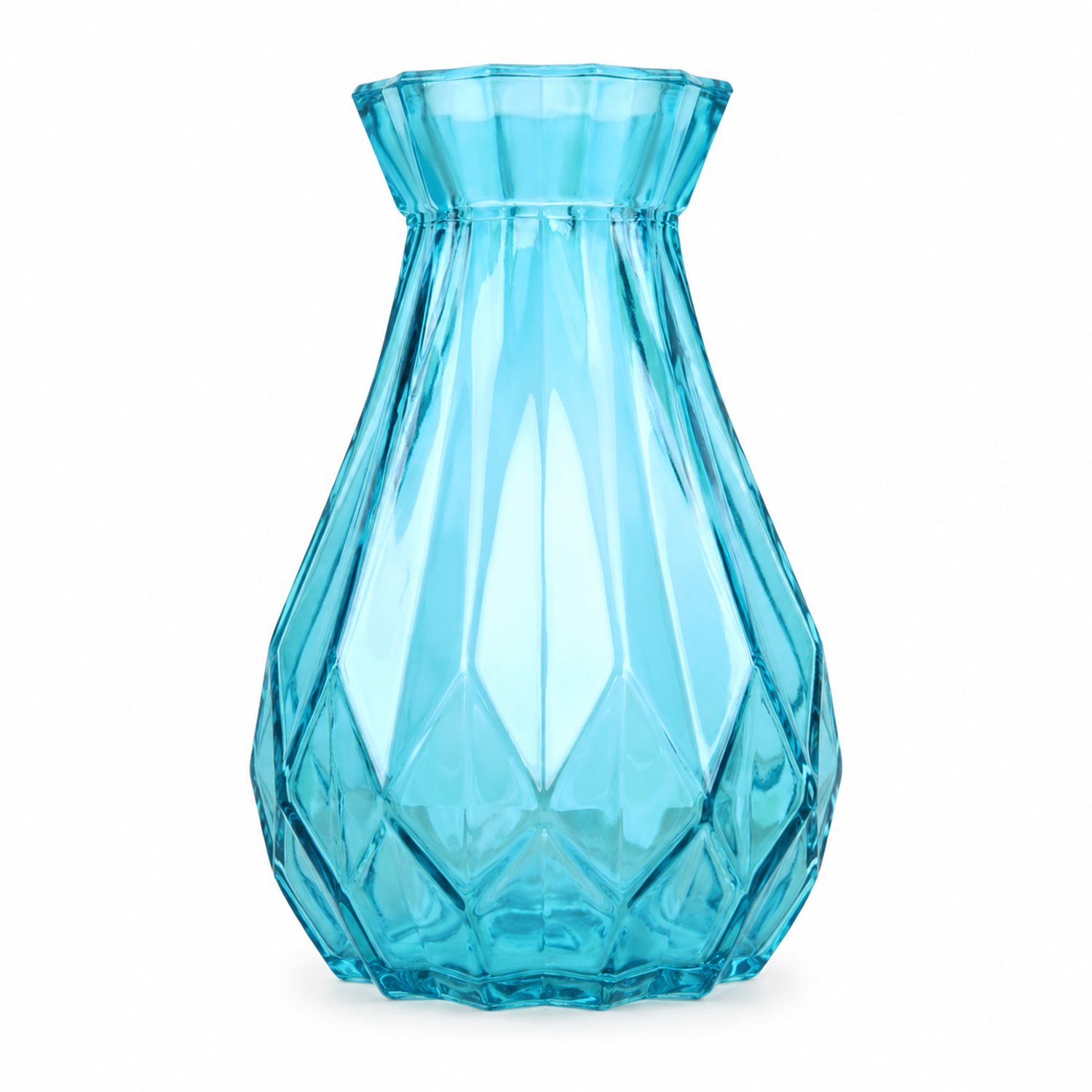 SWGOTA Blauwe glazen vaas 18 cm met geometrische facetten, uitlopende mond en smalle hals, voor droogbloemen en decoratie