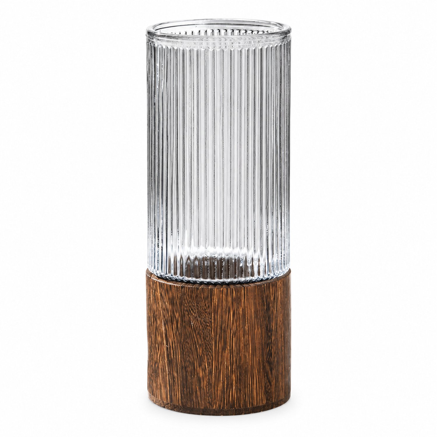 SWGOTA Rookgrijze glazen vaas met verticale ribbels en houten voet - 25 cm hoog, diameter 10 cm - voor bloemen en tafeldecoratie Rookgrijs