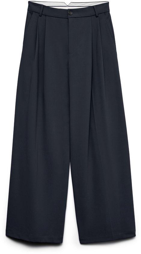 Donkerblauwe wijdvallende pantalon met hoge taille, geplooide voorkant en ritssluiting.