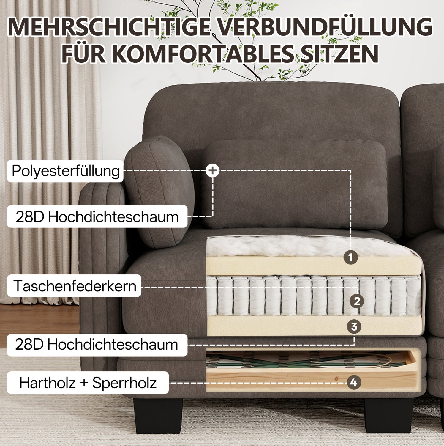 STILVORA Hoekbank 253 x 143 x 88 cm - Modulaire 3-Zitsbank met Hocker en Verplaatsbare Kussens - Voor Woonkamer en Appartement - Chenille - Bruin Grijs
