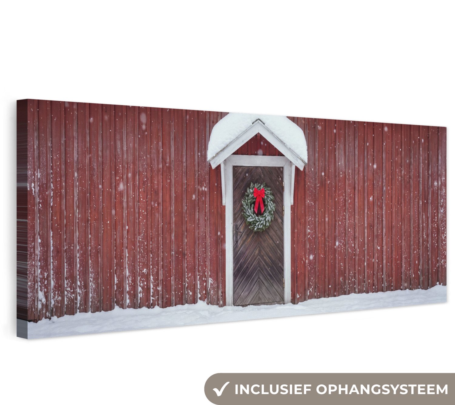 Canvas schilderij 150x50 cm - Exclusieve wanddecoratie Deur - Kerstkrans - Winter - Muurdecoratie woonkamer - Slaapkamer decoratie - Kamer accessoires - Schilderijen op canvas groot XXL