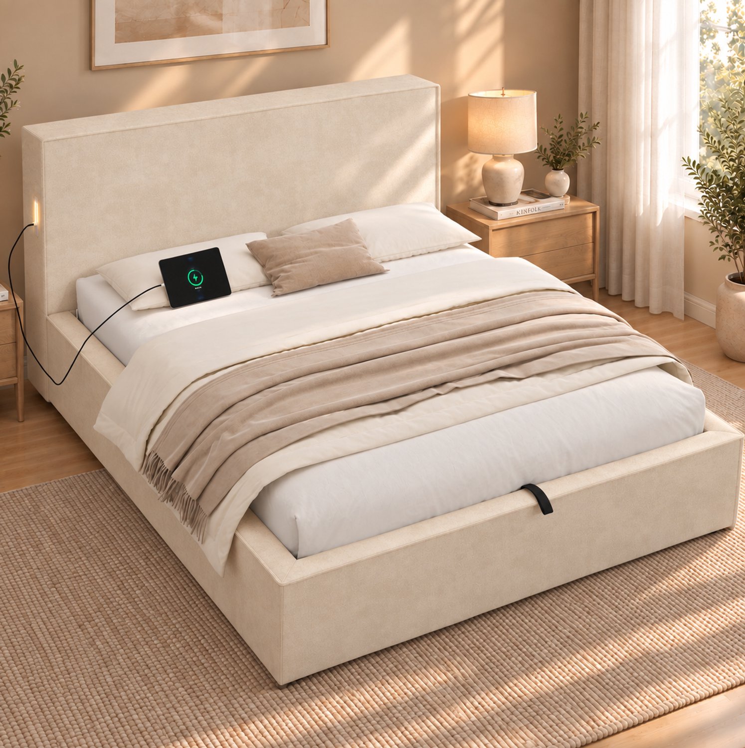 MODFU Bed Met Hydraulische Opbergruimte - Lattenbodem - Chenille - Beige - 120 X 200 Cm