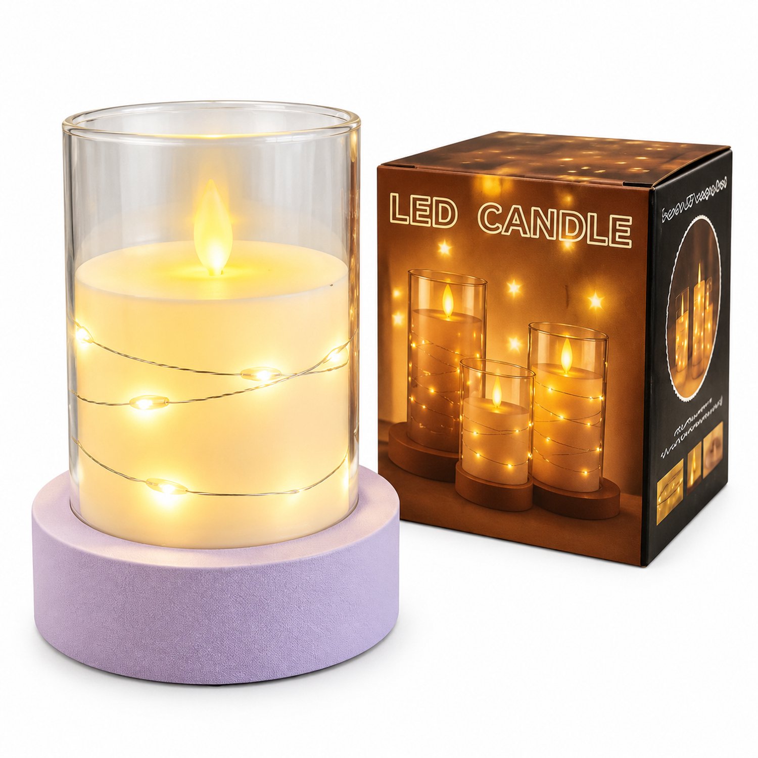 SWGOTA led kaarsen met bewegende vlam, 7,5 x 10 cm, bekervorm met vlakke rand en lichtsnoer, warm licht, zonder batterijen Wit