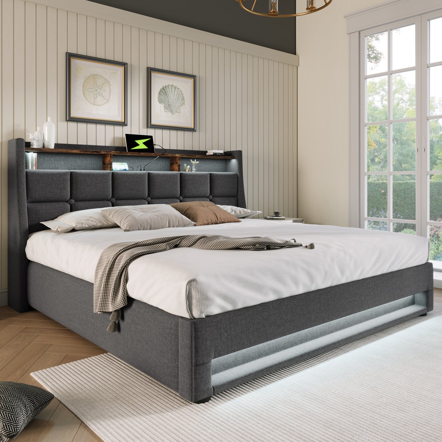 MUVANO Gestoffeerd bed 180x200 - Tweepersoons opbergbed - LED en USB - Gasveren en lattenbodem - Linnen en metalen frame - Voor de slaapkamer - Grijs