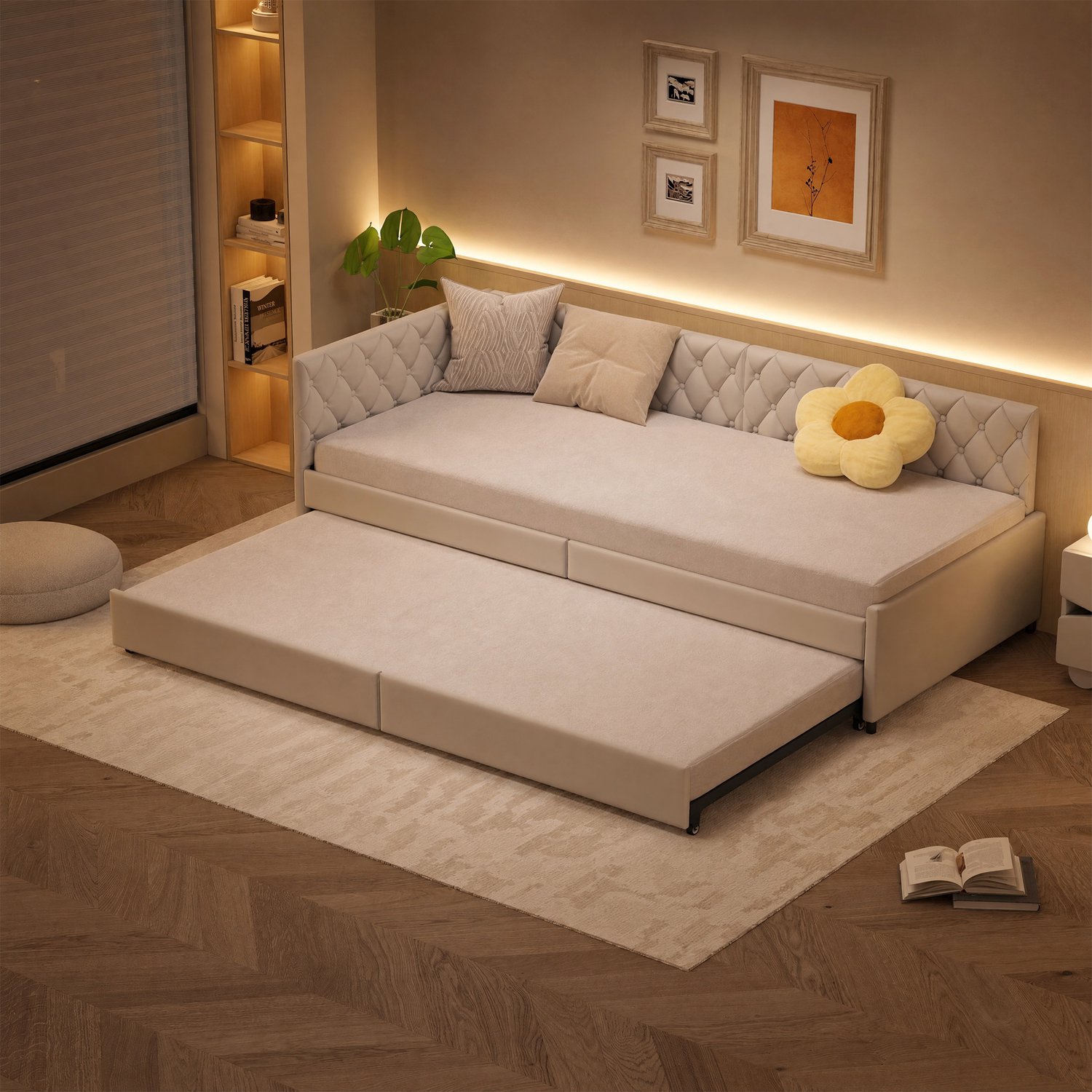 Mofor Bedbank 90x200 cm met uitschuifbed - slaapbank - fluwelen bekleding - beige
