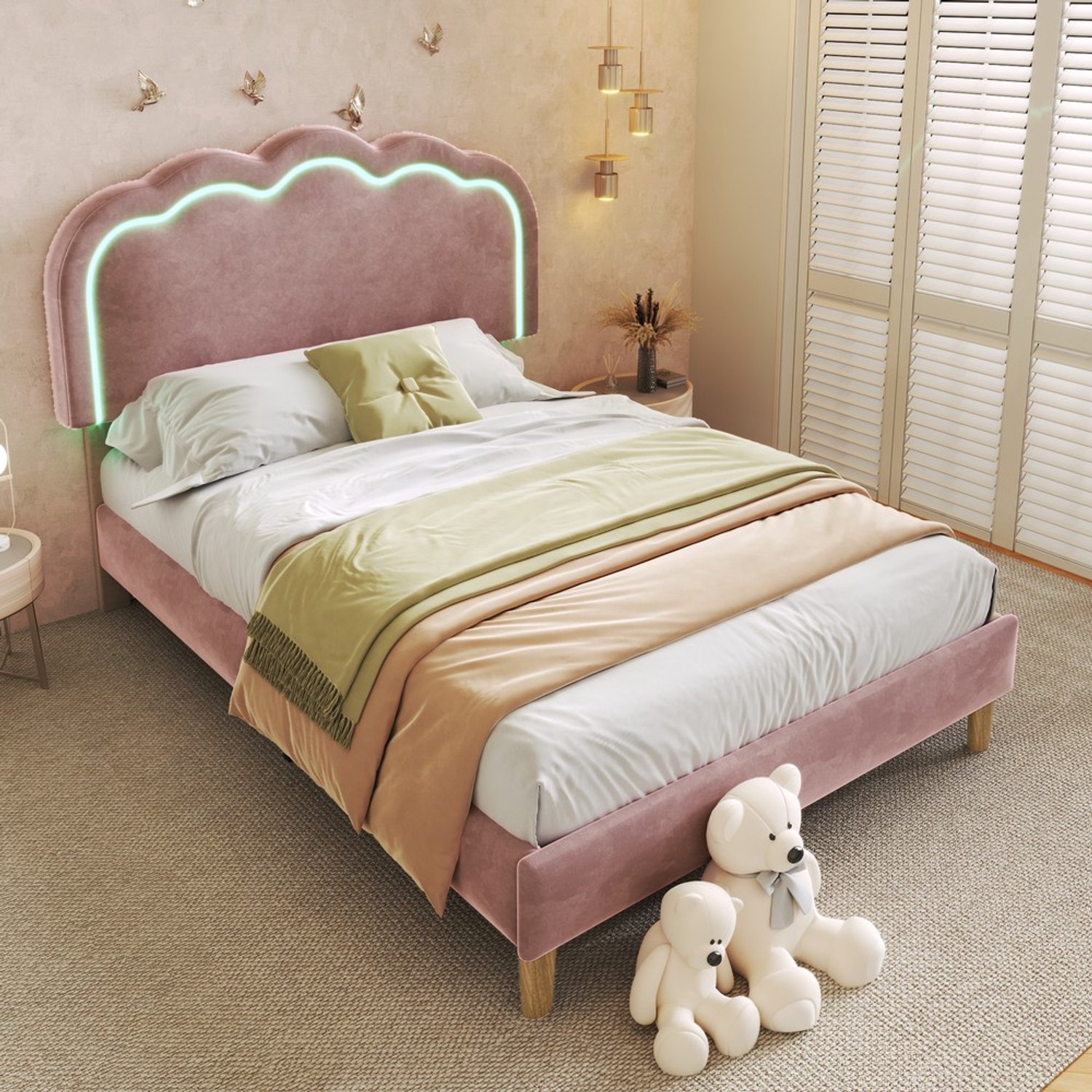 KOMHTOM Gestoffeerd bed - 90x200 cm - Fluweel - Roze - Verstelbaar hoofdeinde - LED-verlichting - Lattenbodem - Hoofdeinde
