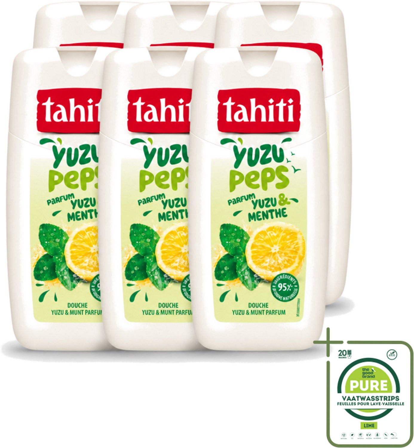 6 x Tahiti – Douchegel – Yuzu Peps Yuzu & Munt - 250 ml - Grootverpakking - Vaatwasstrips - Douchegel Yuzu Munt - Frisse Douchegel - Yuzu En Munt - Energieke Douchegel - Verkoelende Douchegel