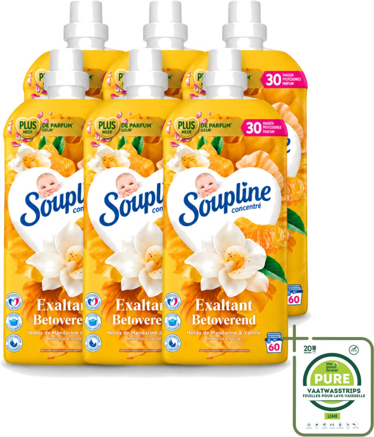 6 x Soupline – Wasverzachter – Betoverend Mandarijn & Vanille – 1,28 L - Grootverpakking - Vaatwasstrips - Wasverzachter - Wasverzachter Mandarijn En Vanille - Wasverzachter Betoverend - Wasverzachter Voor Kleding - Wasverzachter Voor Was