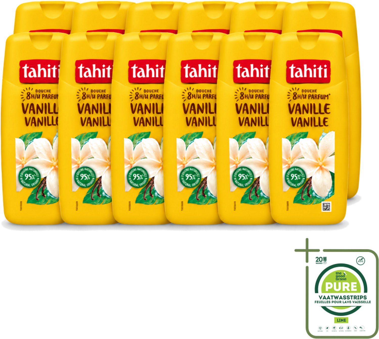 12 x Tahiti – Douchegel – Vanille - 315 ml - Grootverpakking - Vaatwasstrips - Douchegel Vanille - Warme Geur - Huid Verzorgen - Schuim Douchegel - Sheabutter