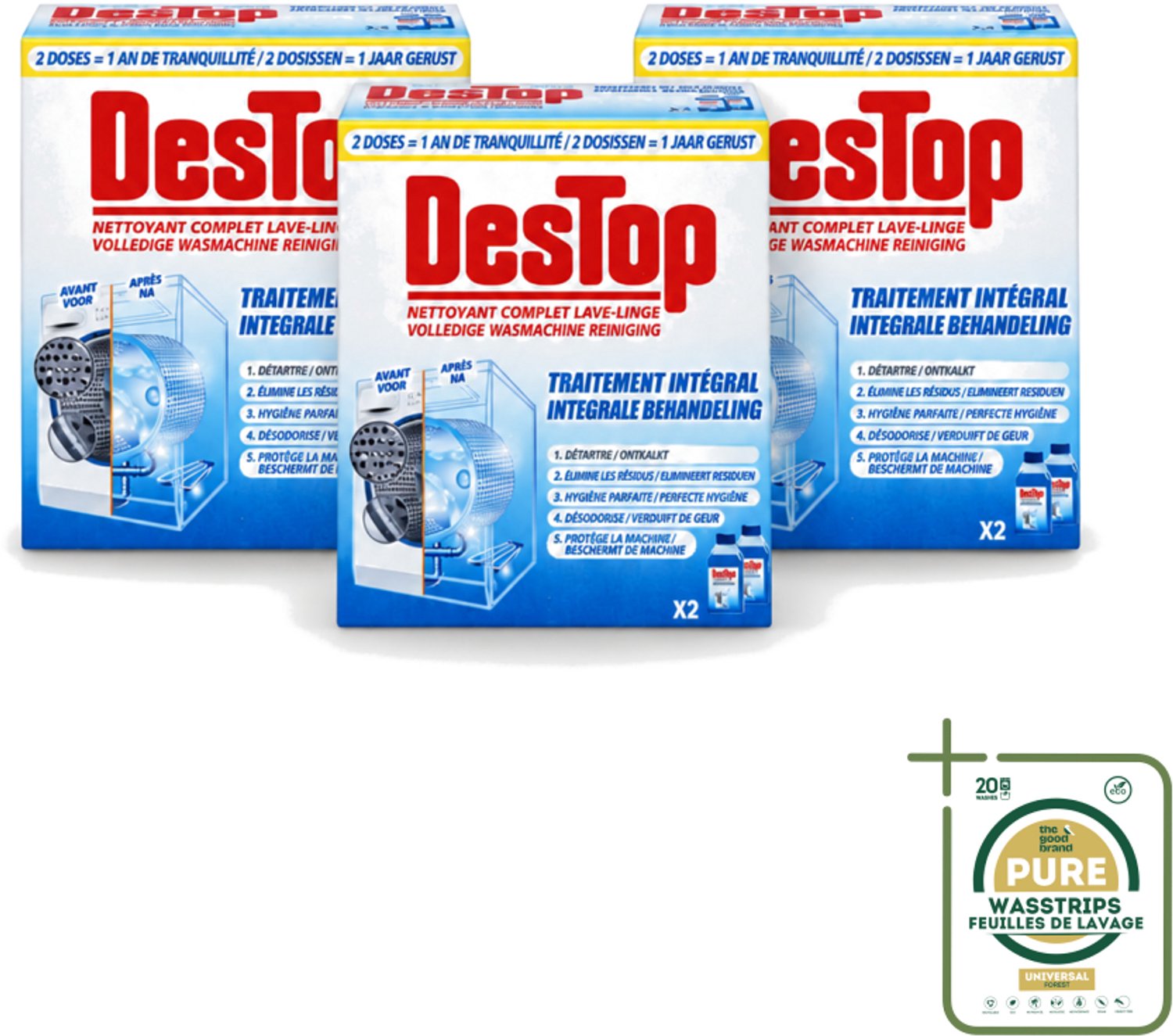 3 x Destop - Wasmachine reiniger - Integrale Behandeling - Duopack - Wasstrips - Wasmachine Reiniger - Kalkverwijdering - Wasmachine Reinigen - Wasmachine Hygiëne - Wasmachine Onderhoud