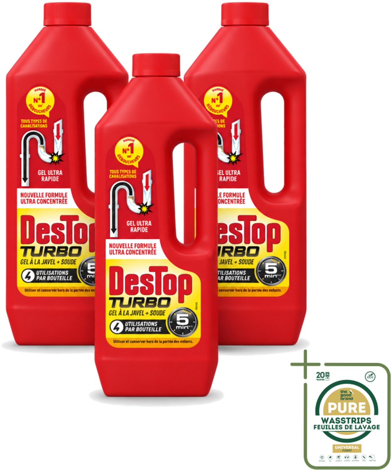 3 x Destop - Ontstopper - Turbo Gel - 1 L - Wasstrips - Ontstoppen - Afvoer - Verstopping - Ontstopmiddel - Afvoerleiding