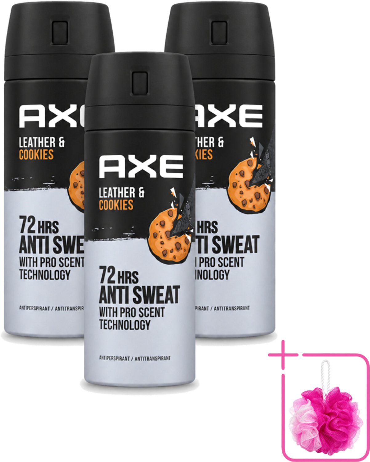 3 x Axe - Deodorant Spray - 72hrs Anti Sweat - Leather & Cookies - 150 ml - Bulkverpakking - 72 uur anti zweet - Douchemop - Deodorant spray