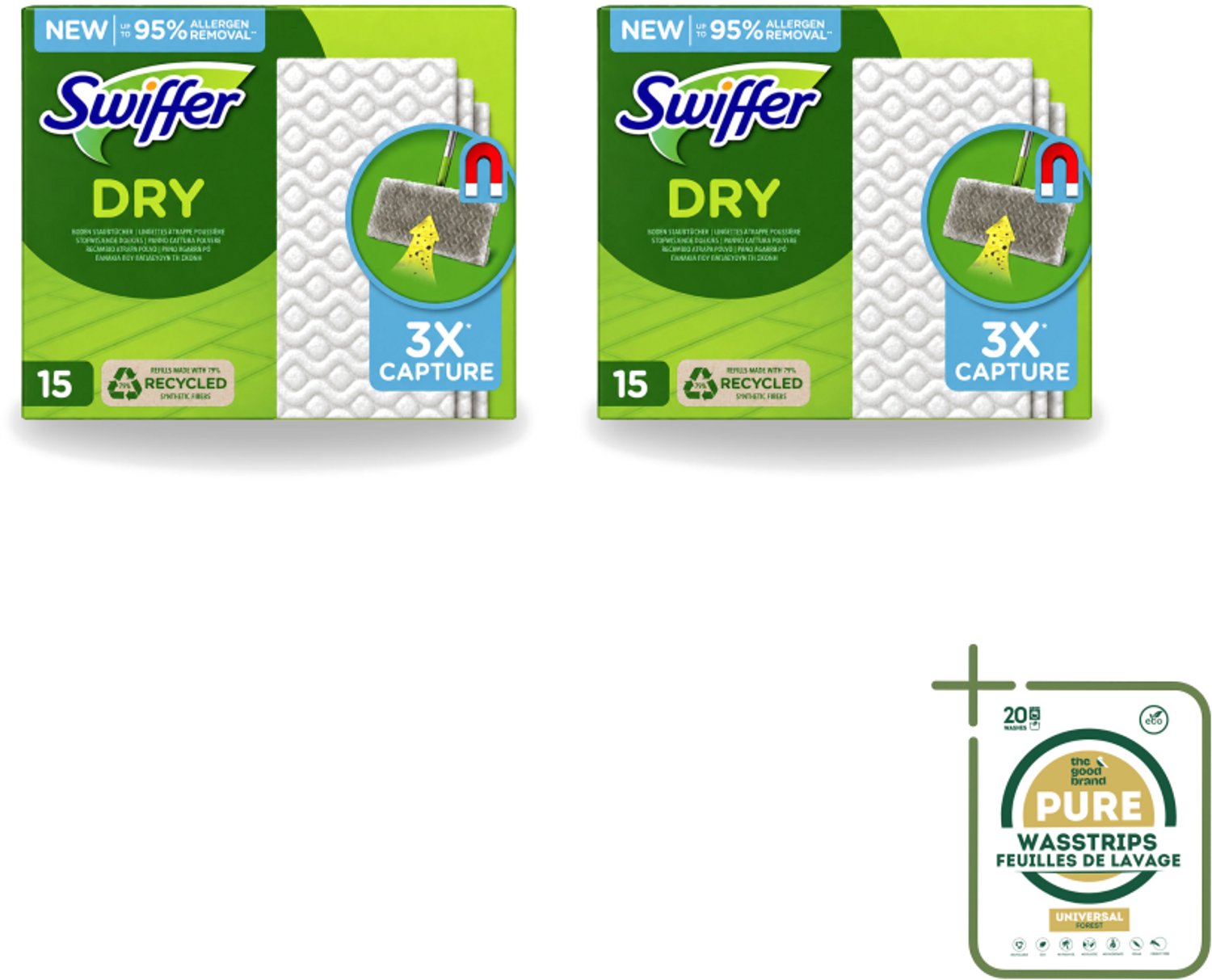 2 x Swiffer Dry - Vloerdoekjes - Navulling - Gerecyclede Fibers - 15 Doekjes - Wasstrips - Stofwisdoekjes - Stof Opnemen - Stof Verwijderen - Schoonmaken - Vloer Reinigen