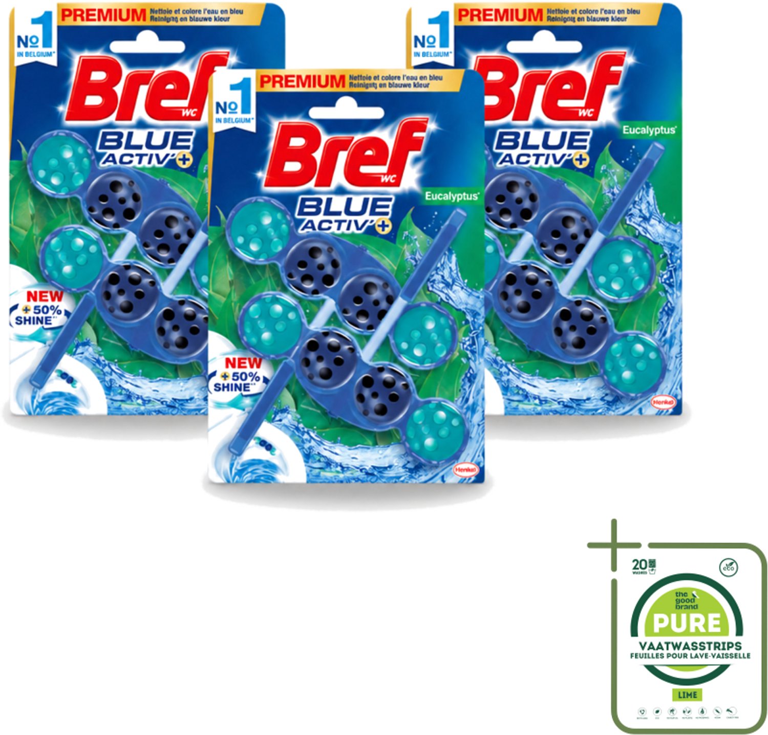 3 x Bref WC - Blue Activ' - Toiletblok - Eucalyptus - 2 Blokken - Grootverpakking - Vaatwasstrips - Toiletverzorging - Toilet Reinigen - Eucalyptus Geur - Geur Stop - Anti-kalk