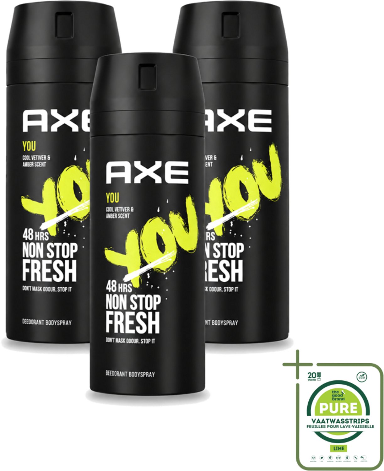 3 x Axe - Deodorant Bodyspray - 48hrs Fresh - You - Cool Vetiver & Amber - 150 ml - Grootverpakking - Vaatwasstrips - 48 Uur Bescherming - Deodorant Sprayer - Geur Van Amber - Geur Van Vanille - Geur Van Zwarte Peper