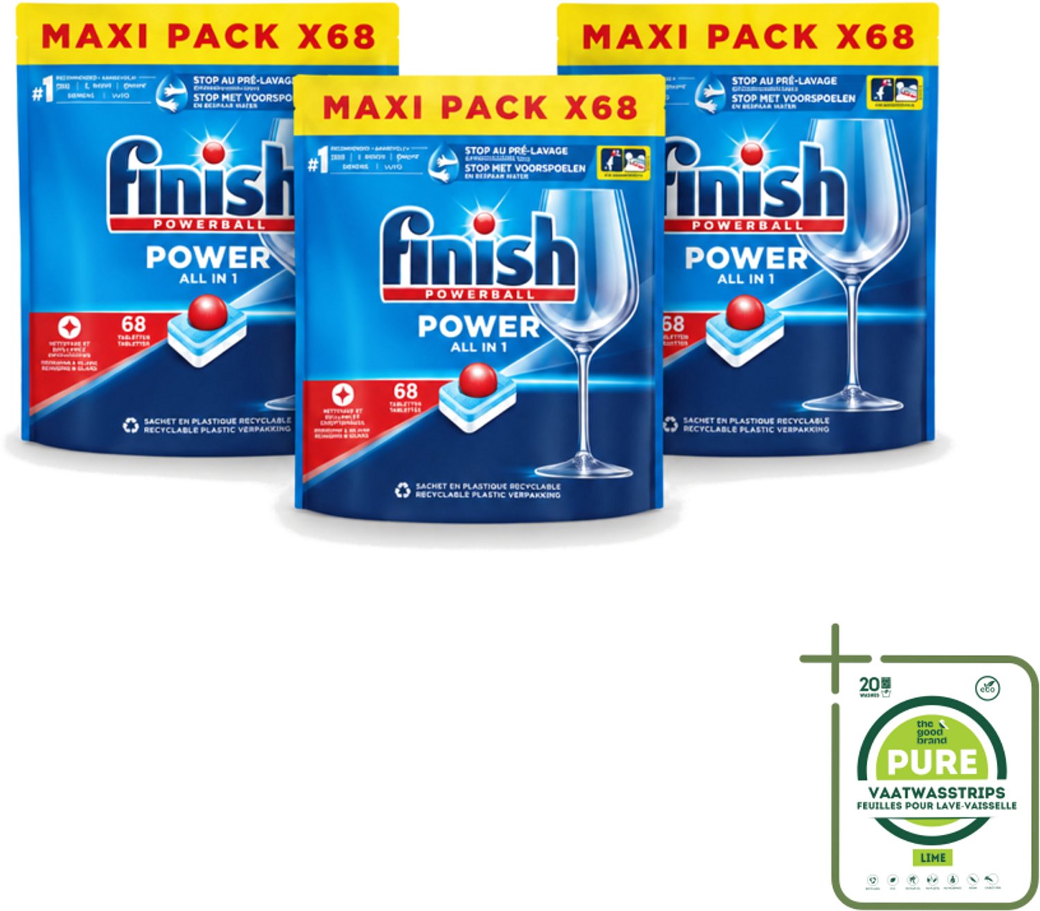 3 x Finish Powerball - Power All in 1 - Vaatwastabletten - Reiniging & Glans - 68 Tabletten - Grootverpakking - Vaatwasstrips - Vaatwastabletten - Vaatwasmiddel - Reiniging - Vaatwasser - Anti-kalk