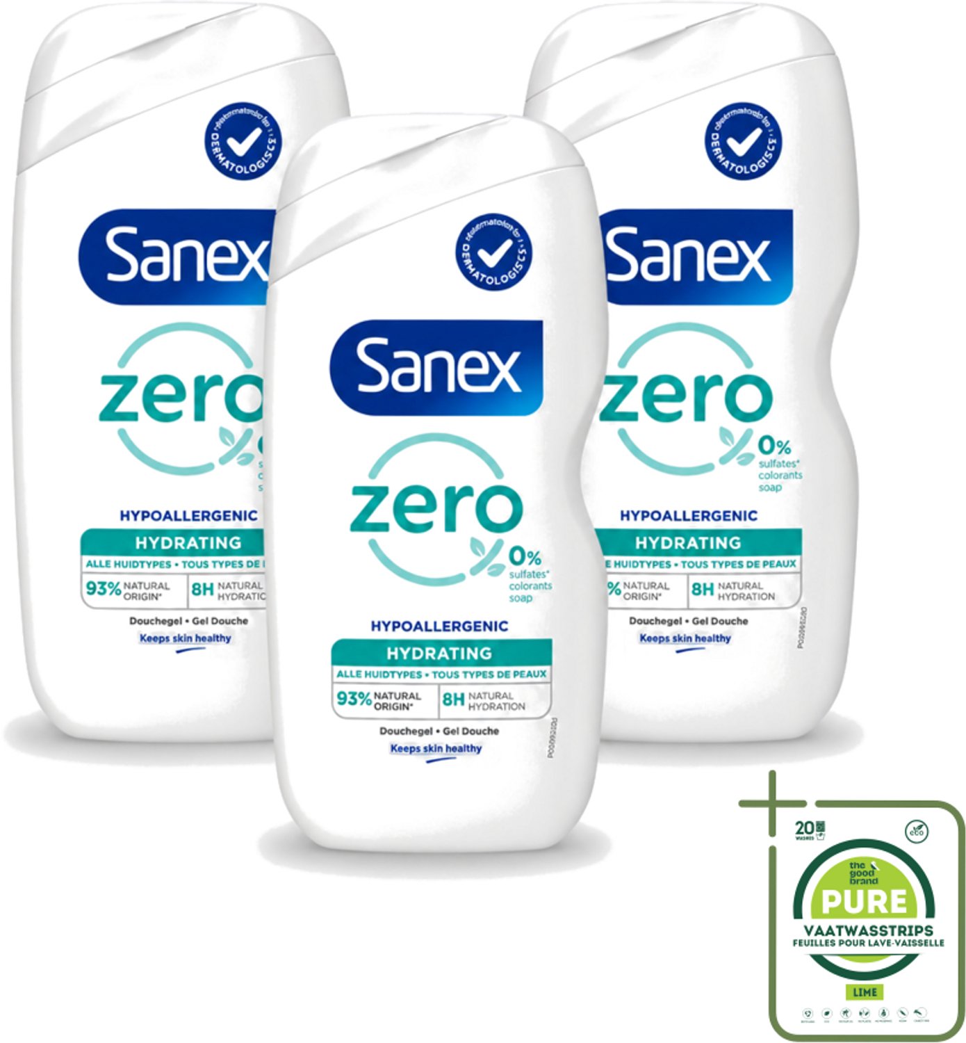 3 x Sanex Zero % - Douchegel - Hydrateert - Alle Huidtypes - 400 ml - Grootverpakking - Vaatwasstrips - Douchegel - Huidverzorging - Hydraatende Douchegel - 0% Sulfaten - 0% Kleurstoffen